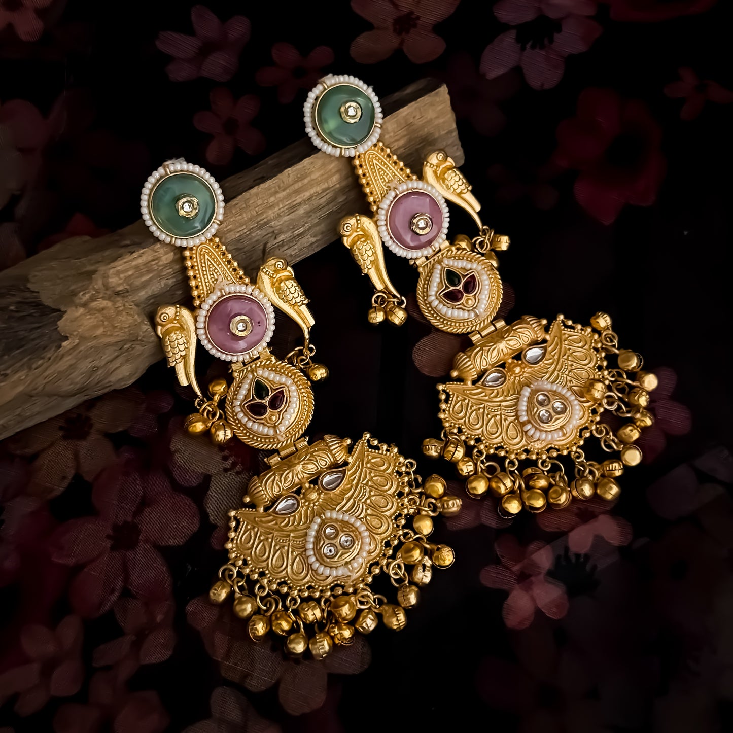 Dhwani Kashmiri Brass Dejhoor Ghungroo Jhumka Earrings - Pastel Pink & Pastel Green