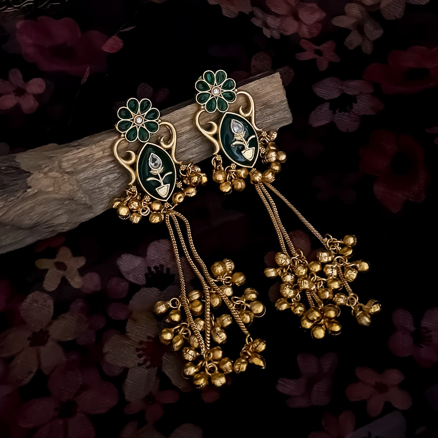 Suhani Kashmiri Brass Dejhoor Ghungroo Earrings - Golden & Green