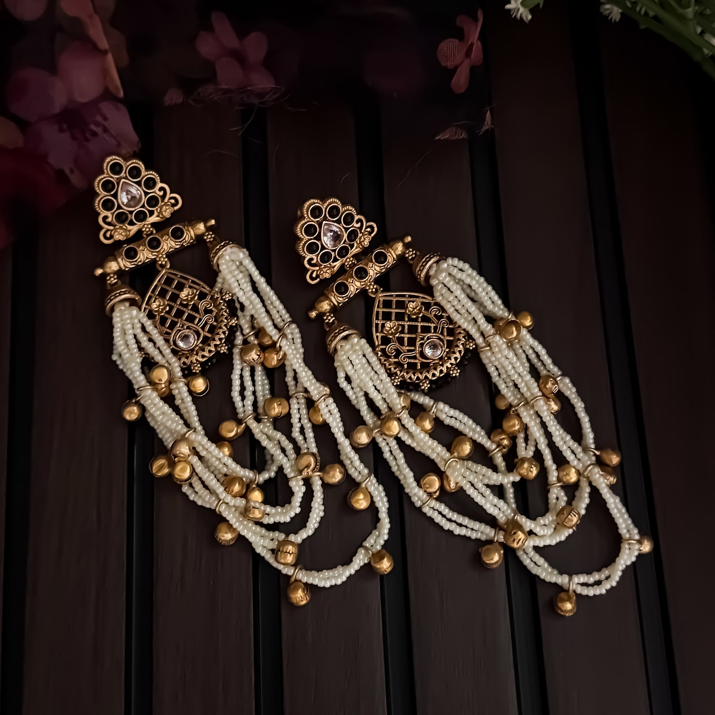 Shambhavi Premium Kashmiri Brass Pearl Chandbali Earrings - Black & Golden
