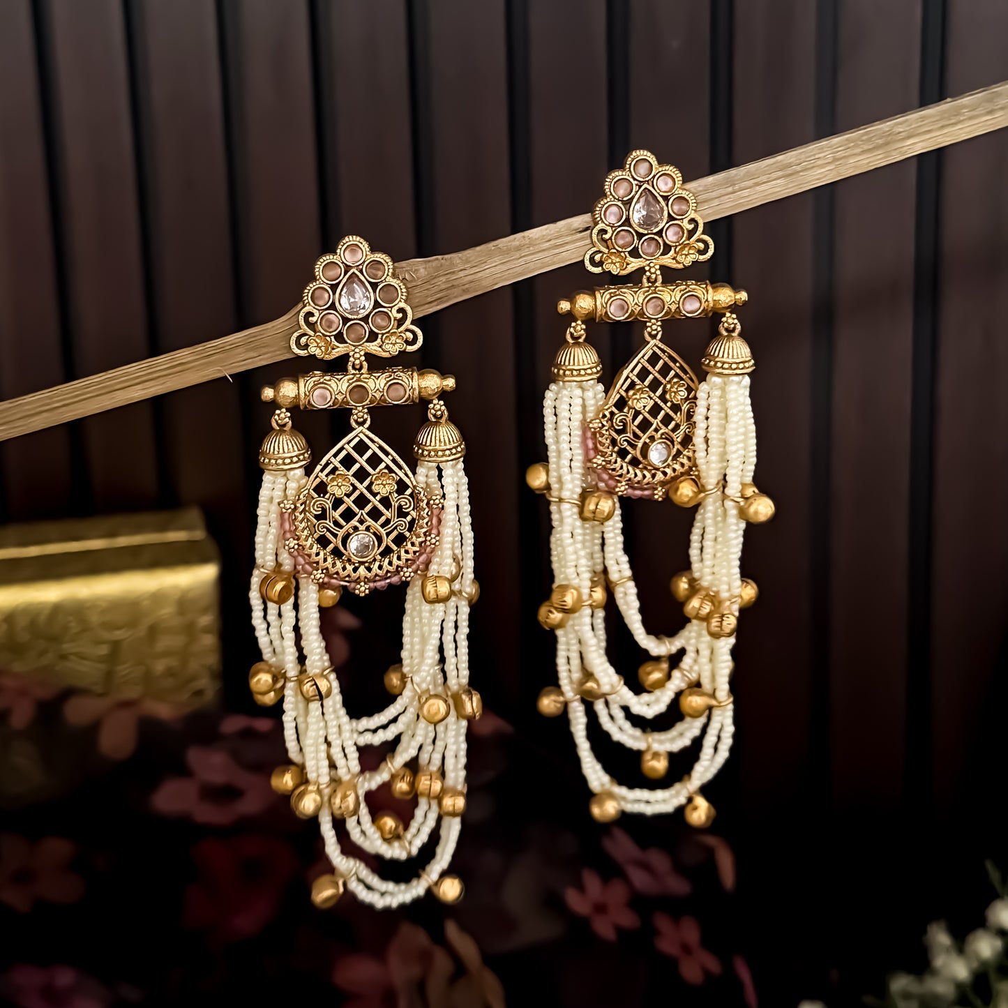 Shambhavi Premium Kashmiri Brass Pearl Chandbali Earrings - Baby Pink