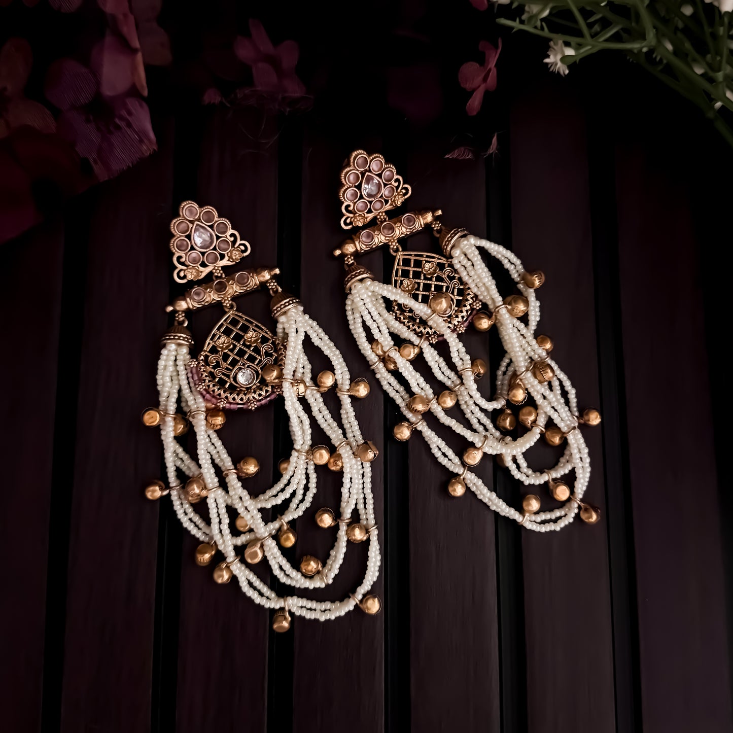 Shambhavi Premium Kashmiri Brass Pearl Chandbali Earrings - Baby Pink