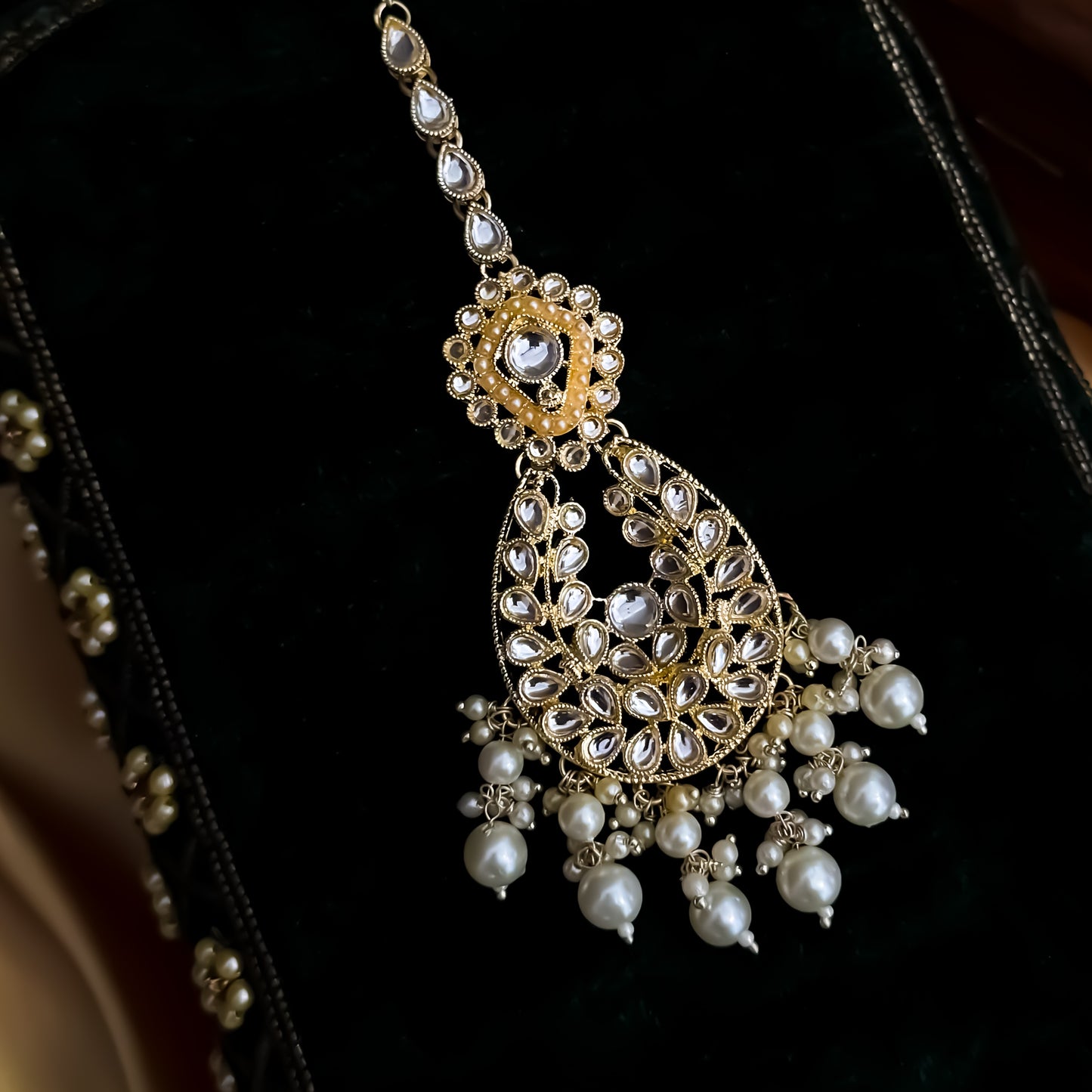 Ira Kundan Pearl Maang Teeka - Golden