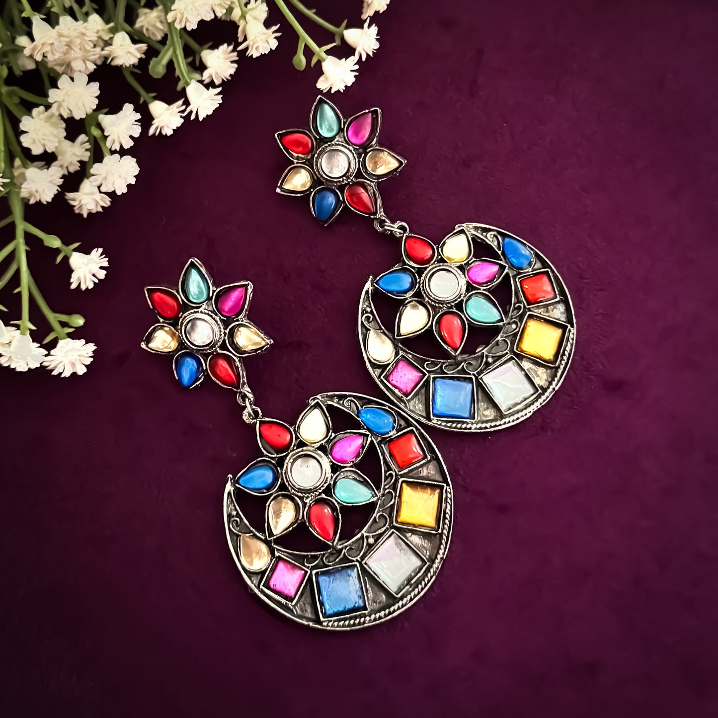 Rainbow hue German Silver Chandbali Earrings