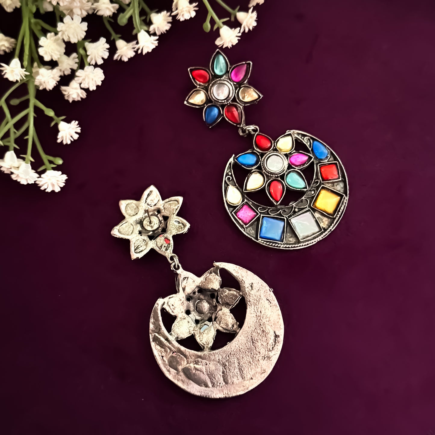 Rainbow hue German Silver Chandbali Earrings