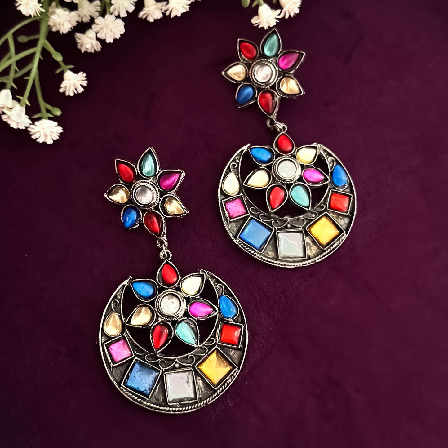 Rainbow hue German Silver Chandbali Earrings