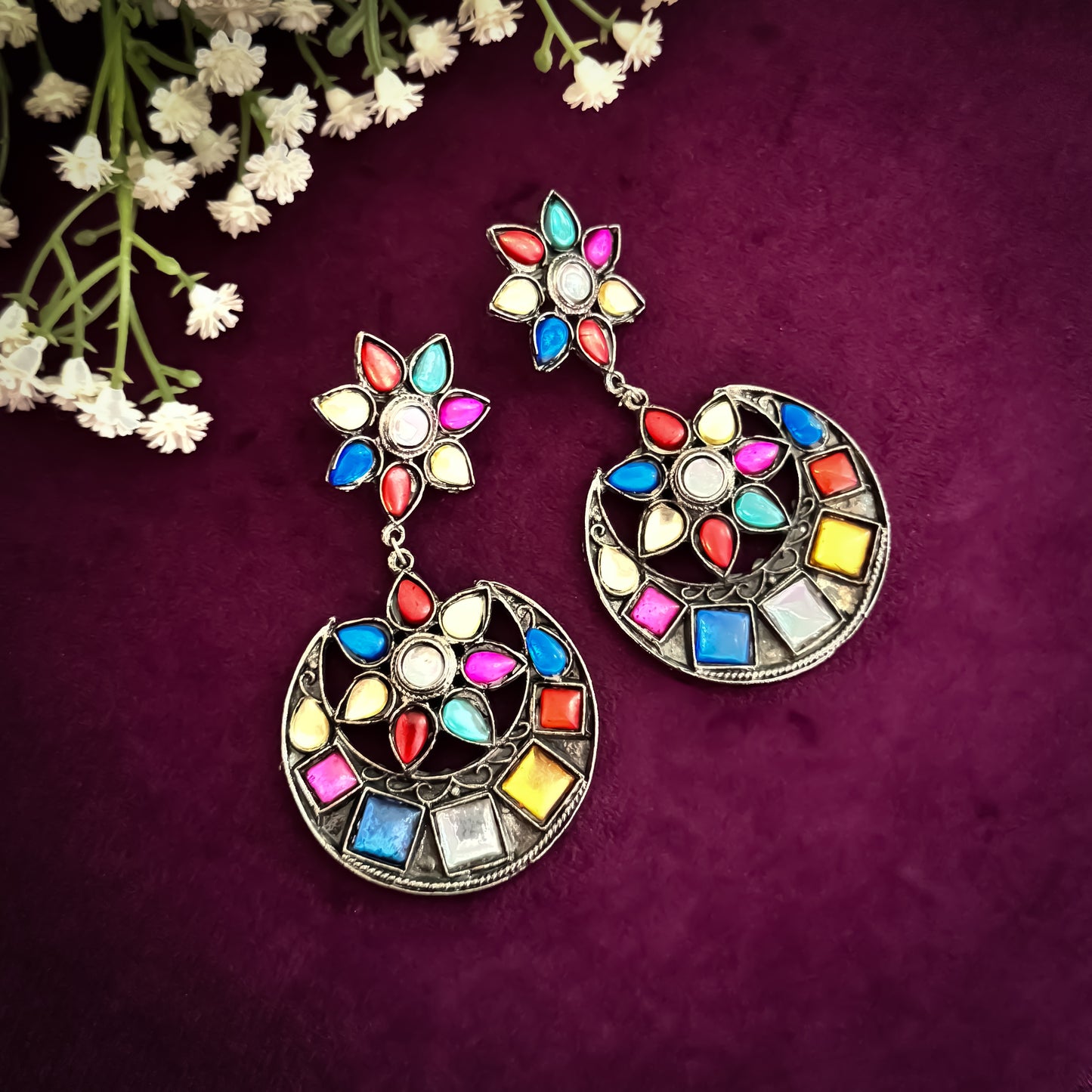 Rainbow hue German Silver Chandbali Earrings