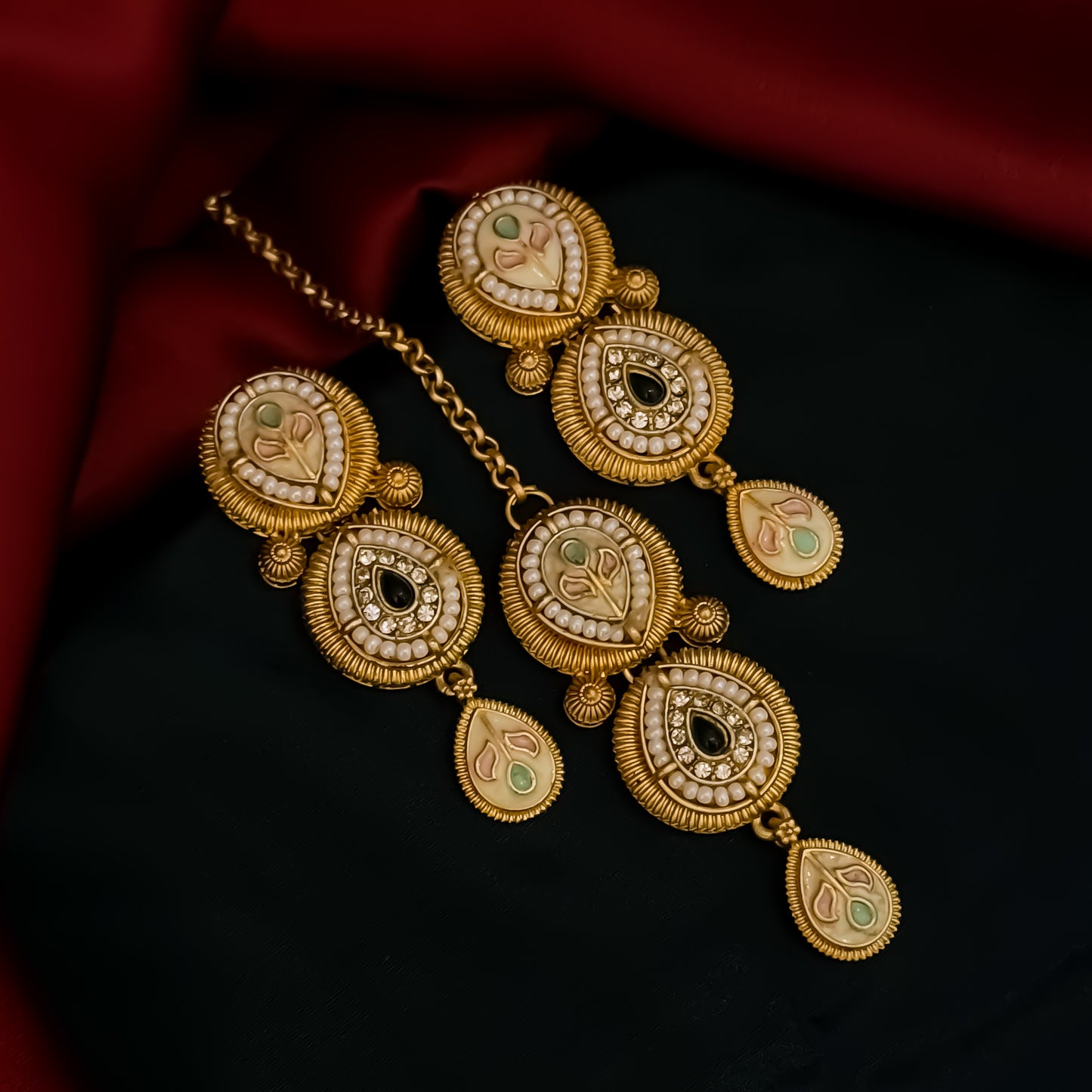 Jeevika Rajwadi Matte Polish Necklace Set - Pink & Green