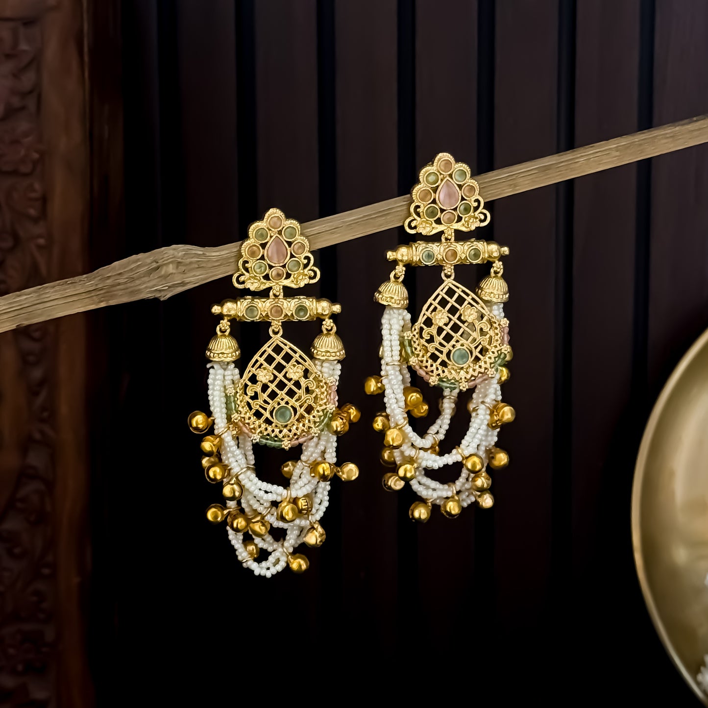 Shambhavi Premium Kashmiri Brass Pearl Chandbali Earrings - Pastel Pink & Pastel Green