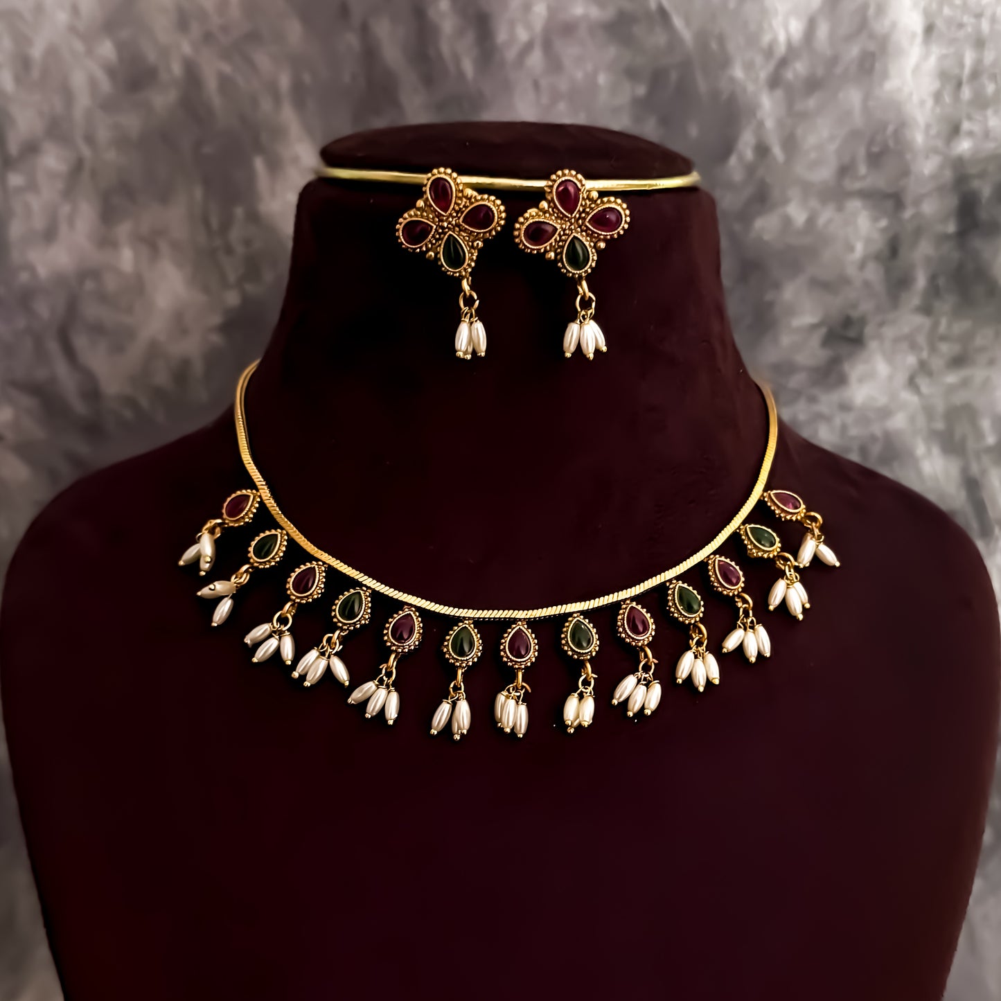 Prisha Pearl Necklace Set - Pink & Green