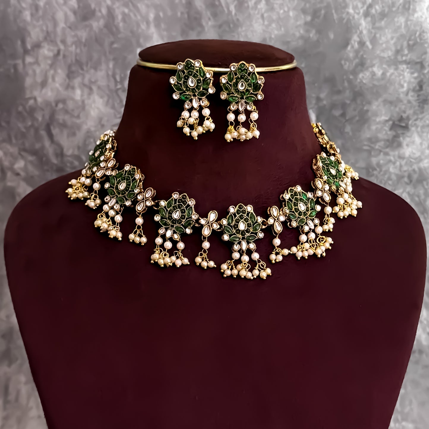 Kumudini Lotus Pearl Necklace Set - Green