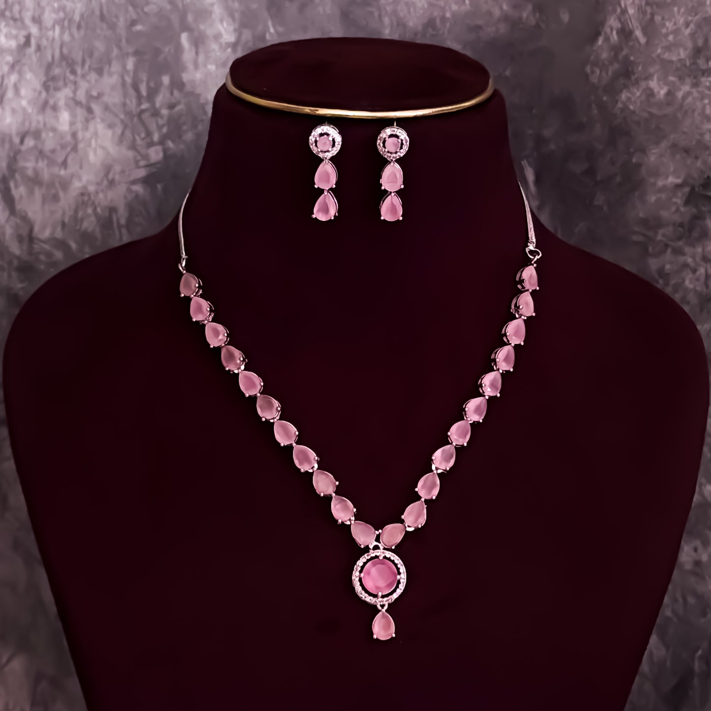 Eloise American Diamond Necklace Set- Pastel Pink