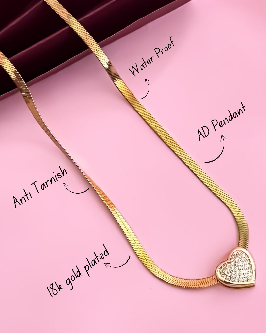 Luna 18K Gold Plated AntiTarnish Snake Chain with Heart Golden AD Pendant