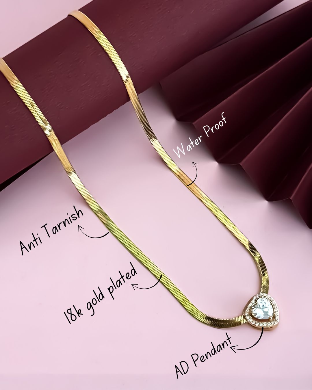 Elira 18K Gold Plated(Anti-Tarnish) Snake Chain with Heart Gold AD Pendant