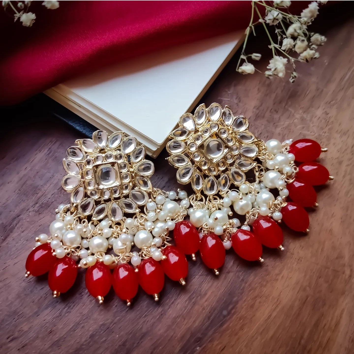 Arshi Kundan Pearl Necklace Set - Red