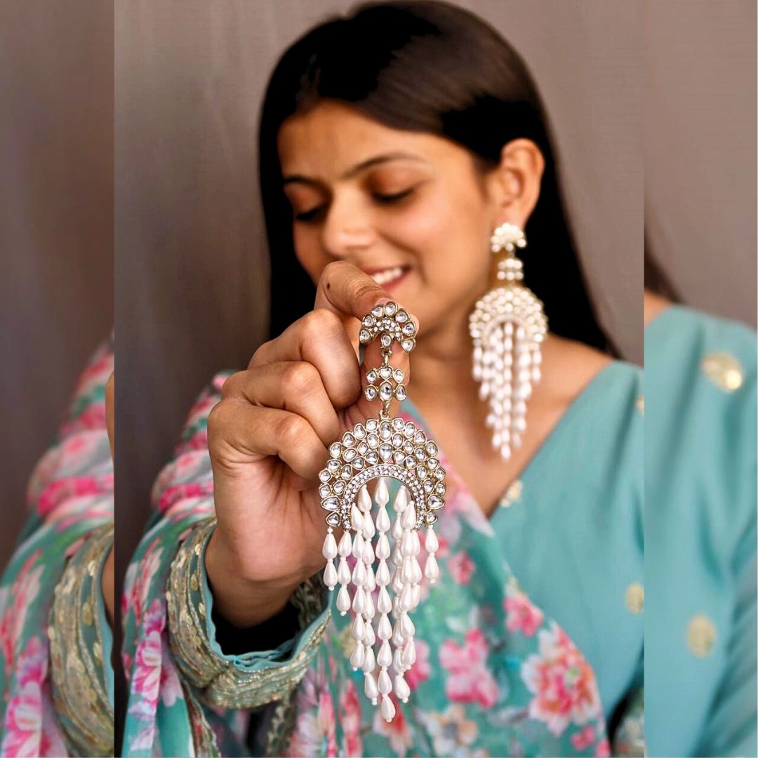 Pashmeena Uncut Kundan Chandbali Earrings