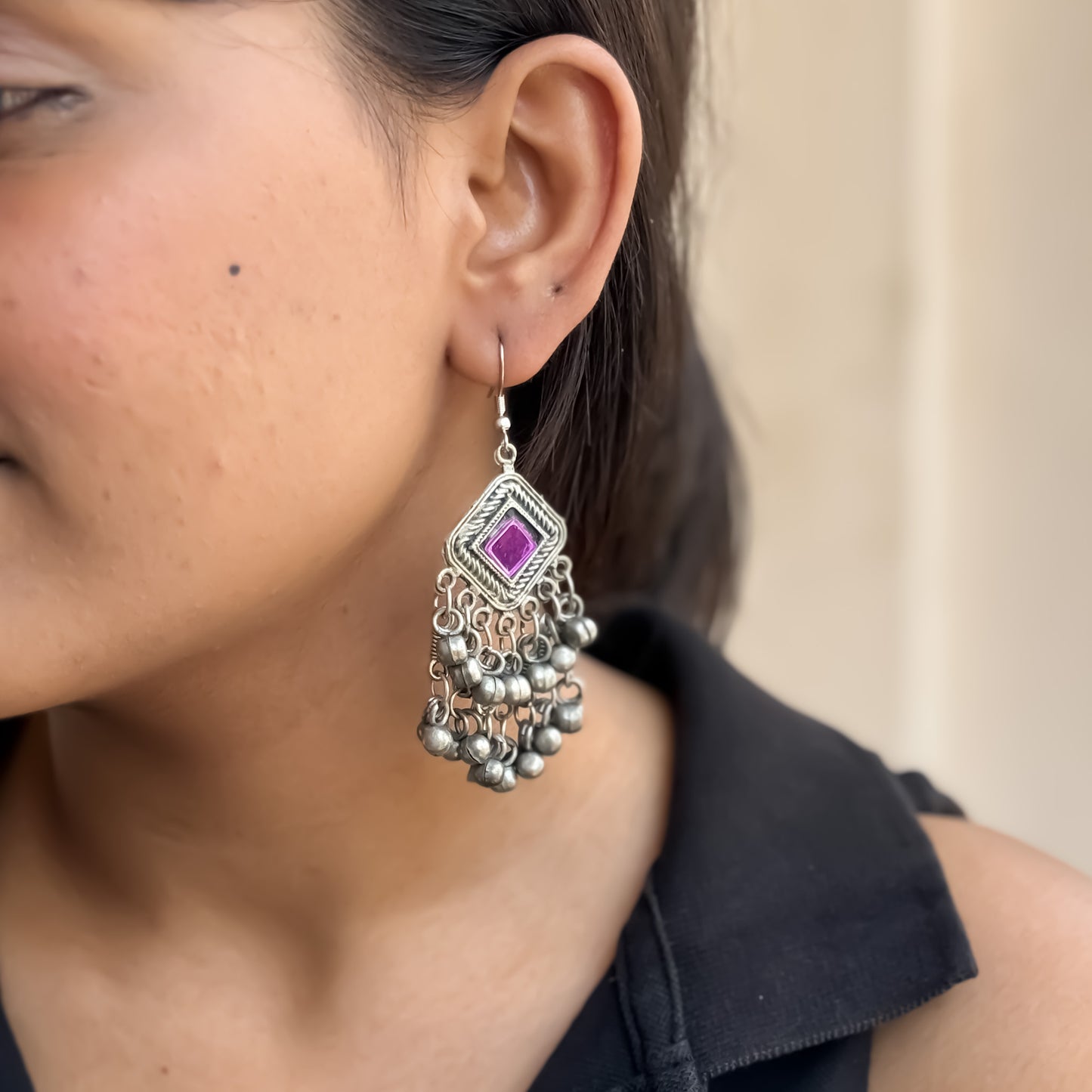 Mirror Afghani Ghunghroo Earrings - Purple