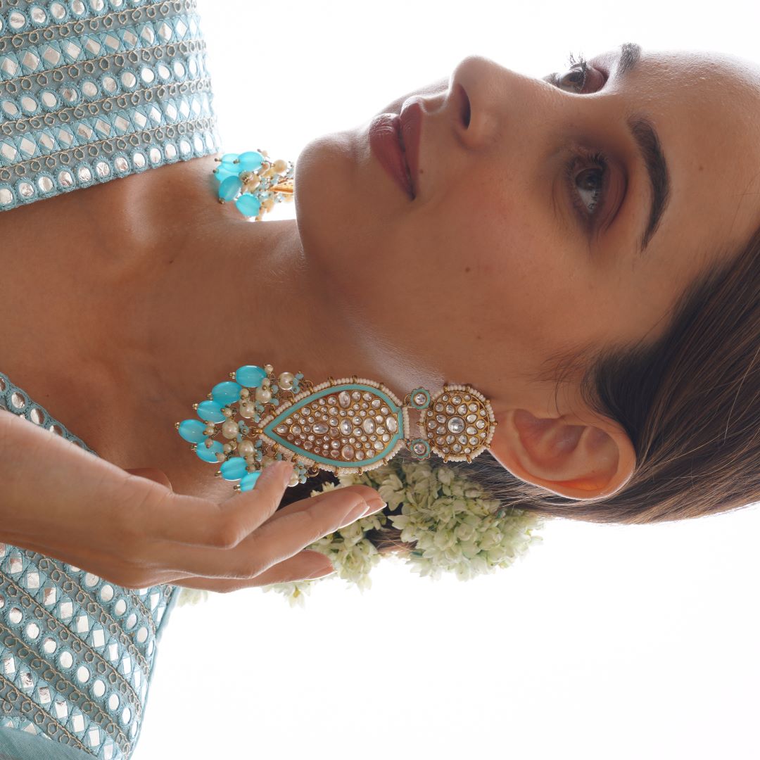 JANNAT PEARL DROP DANGLER EARRINGS - SKY BLUE