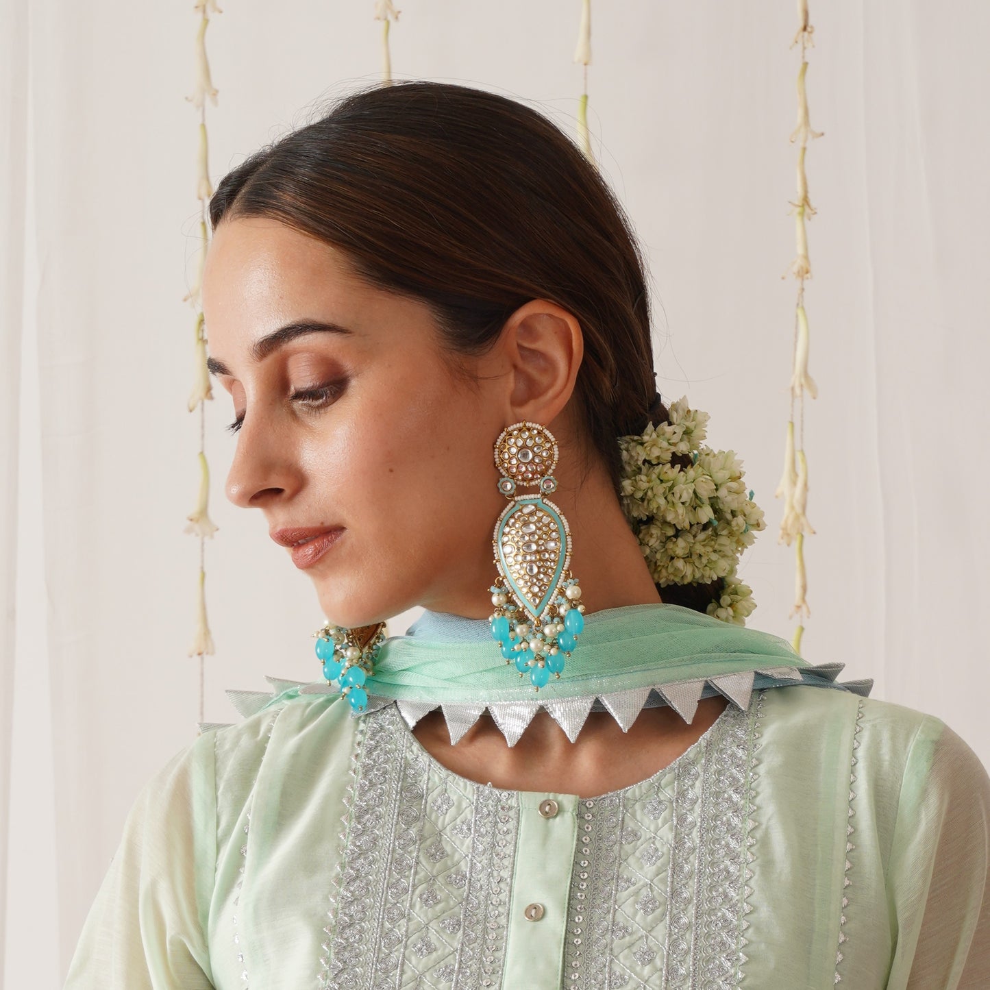 JANNAT PEARL DROP DANGLER EARRINGS - SKY BLUE