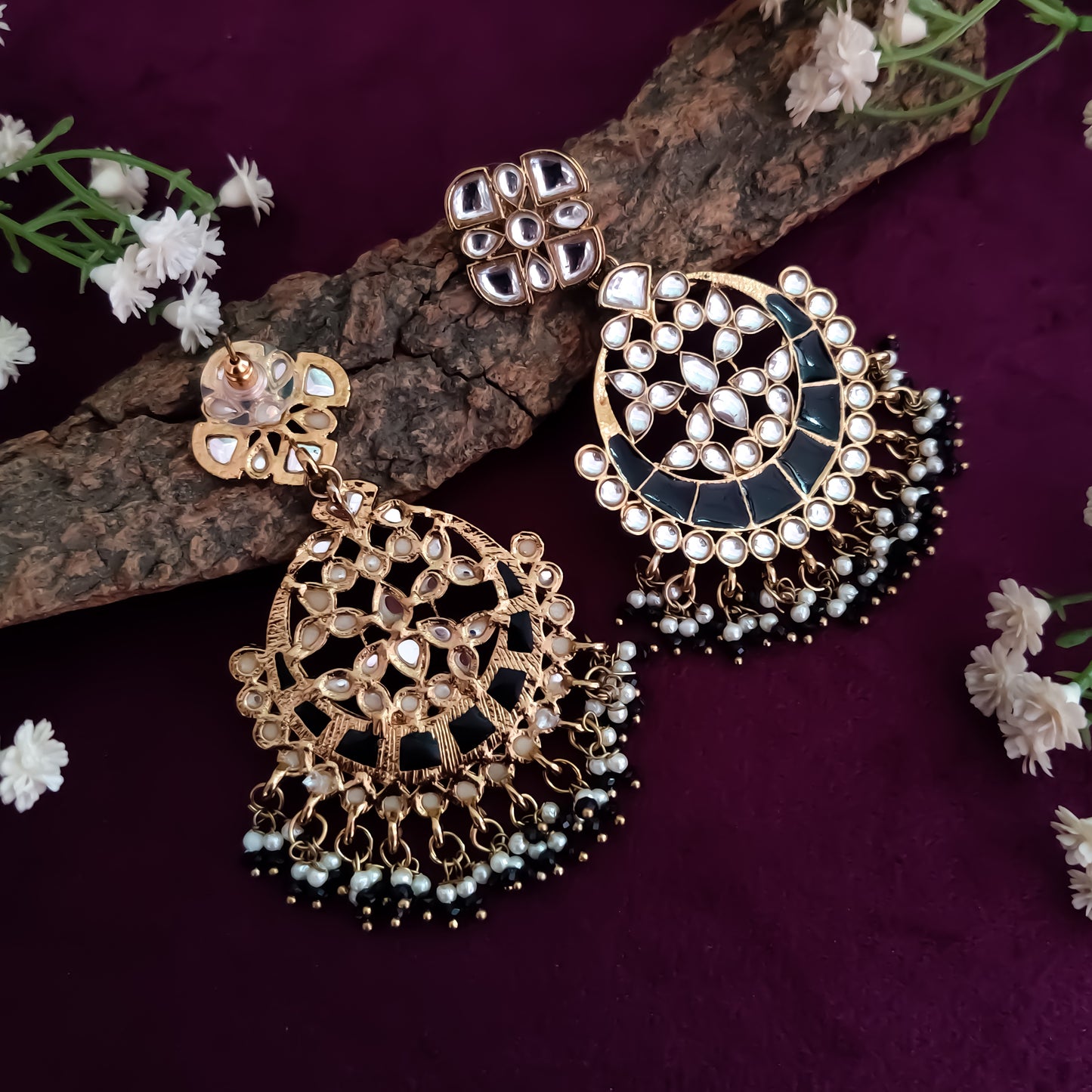 Nishi Kundan Pearl Chandbali - Black