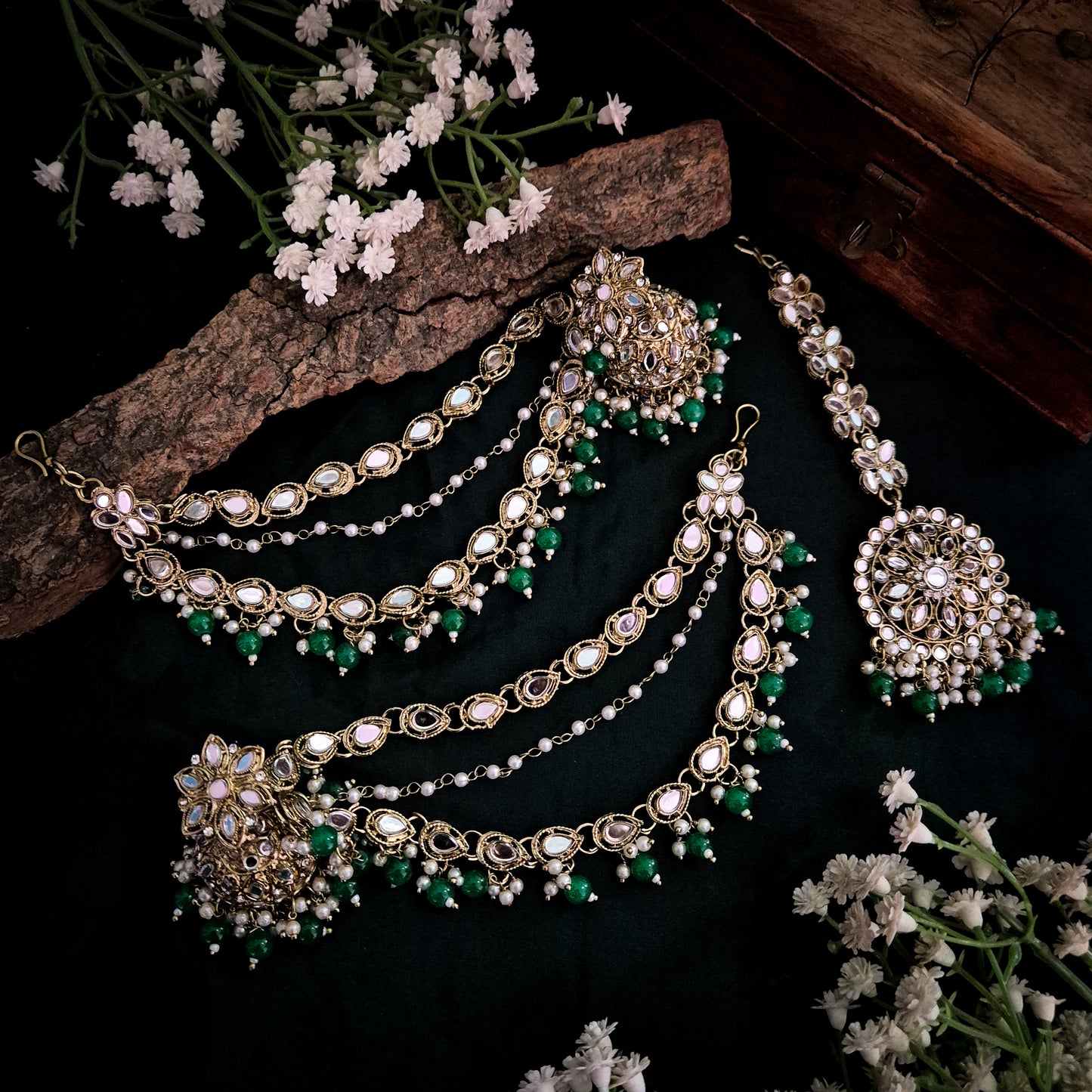 Mehek Mirror Jhumka Earrings with Sahara & Teeka- Green