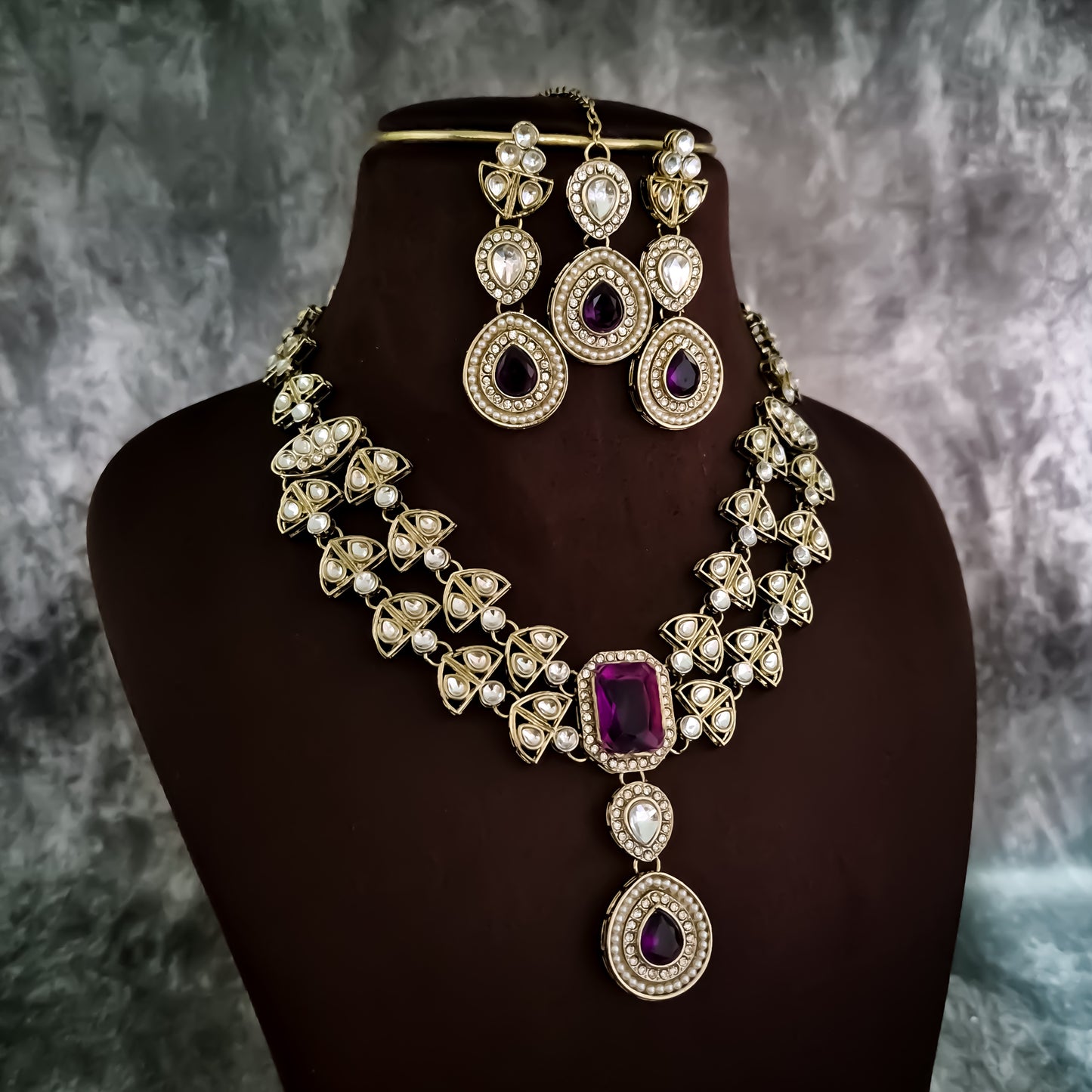 Jennifer Double Layer AD Necklace Set - Purple