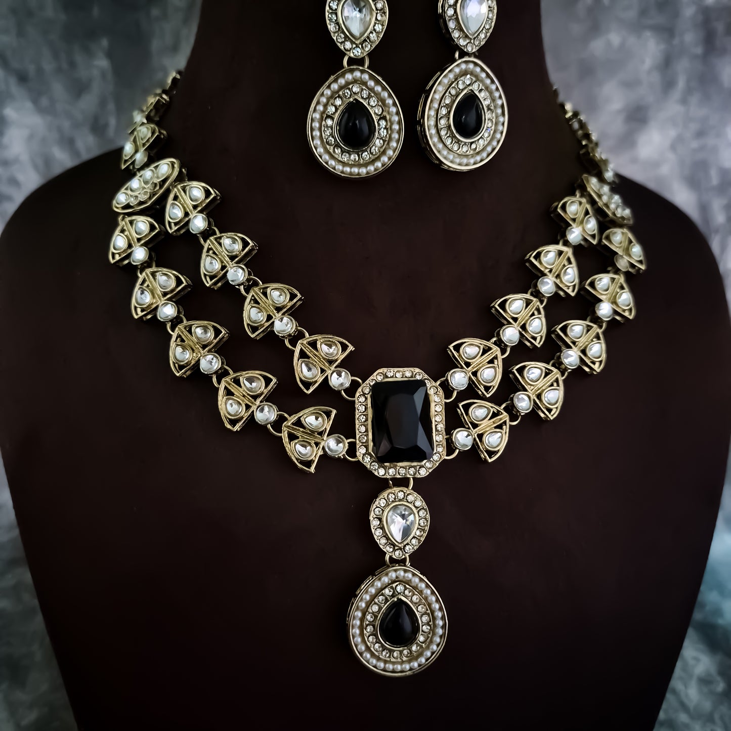 Jennifer Double Layer AD Necklace Set - Black