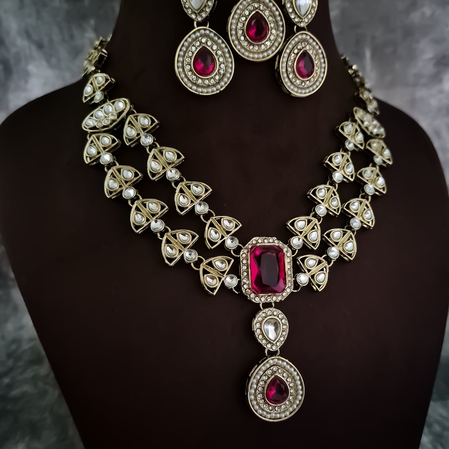 Jennifer Double Layer AD Necklace Set - Hot Pink