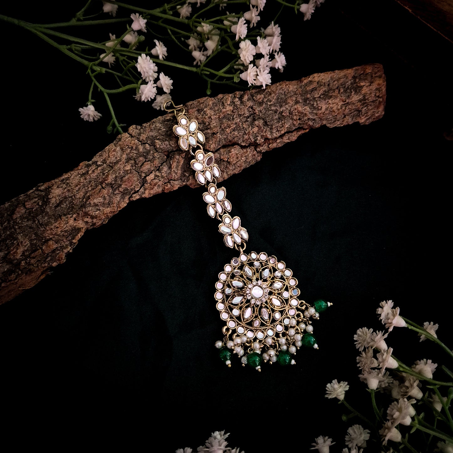Mehek Mirror Jhumka Earrings with Sahara & Teeka- Green