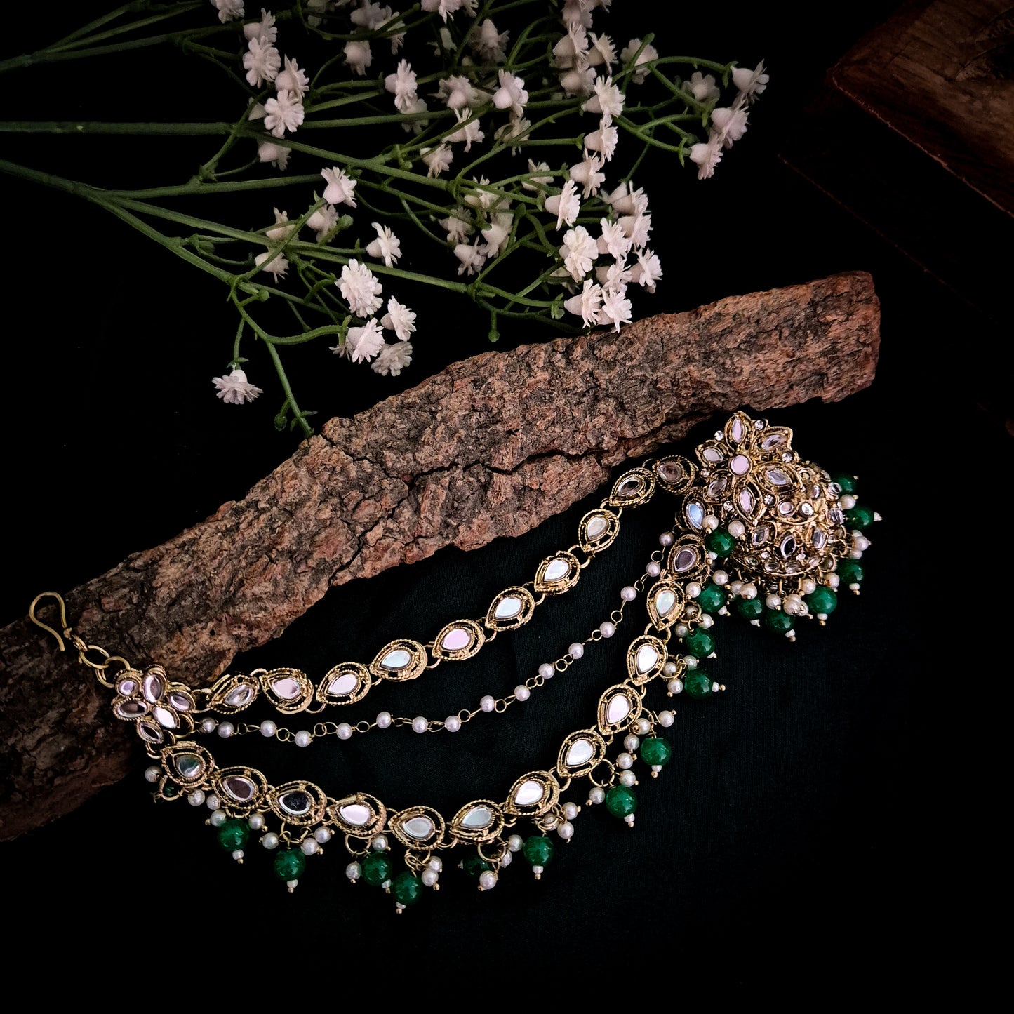Mehek Mirror Jhumka Earrings with Sahara & Teeka- Green