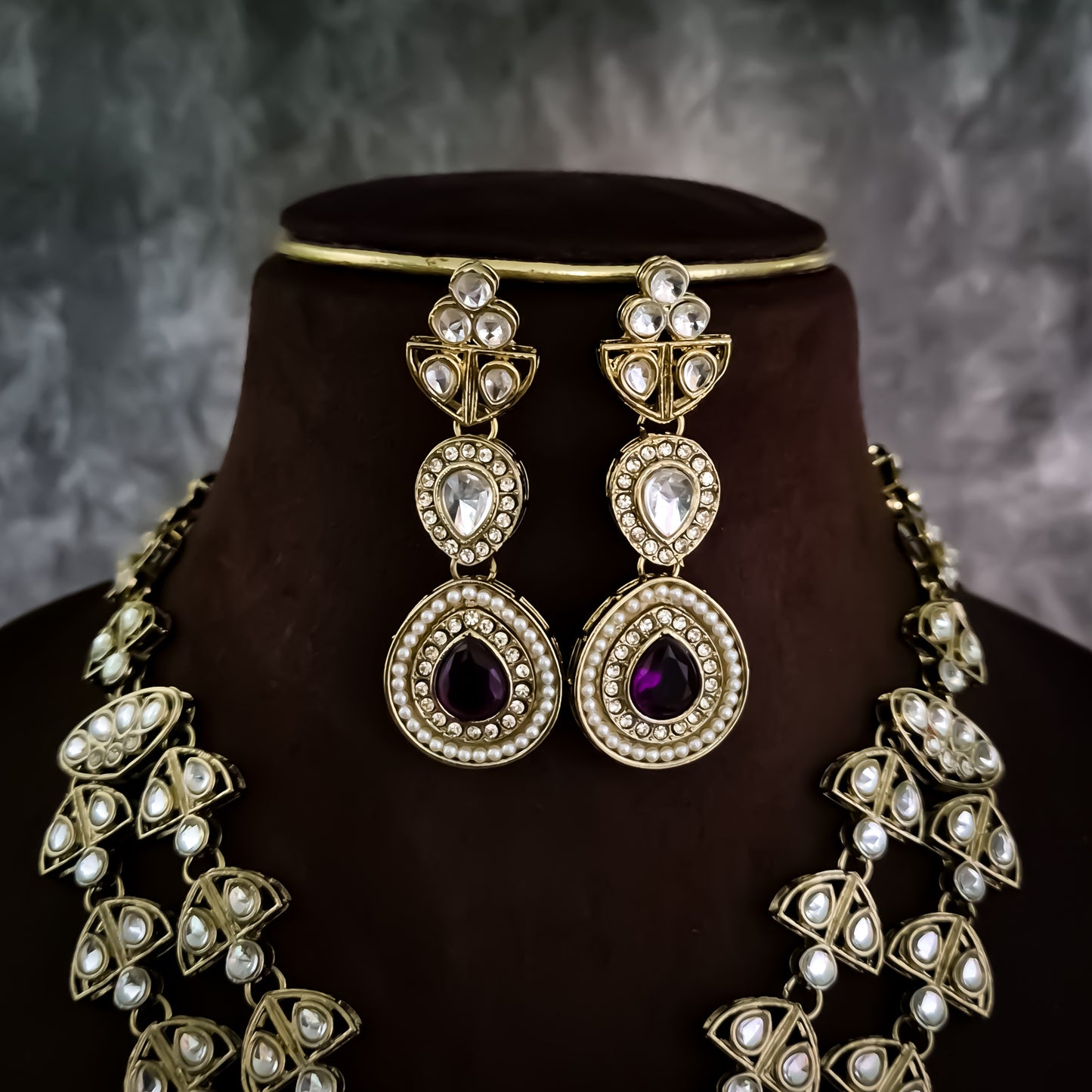 Jennifer Double Layer AD Necklace Set - Purple