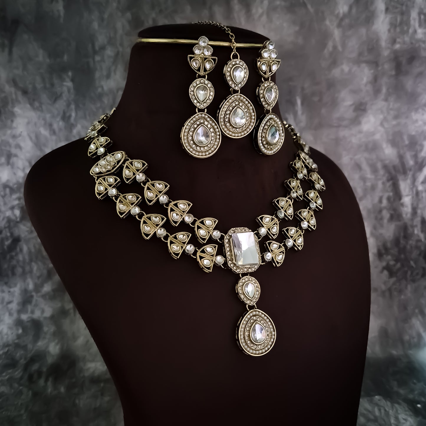 Jennifer Double Layer AD Necklace Set - Golden