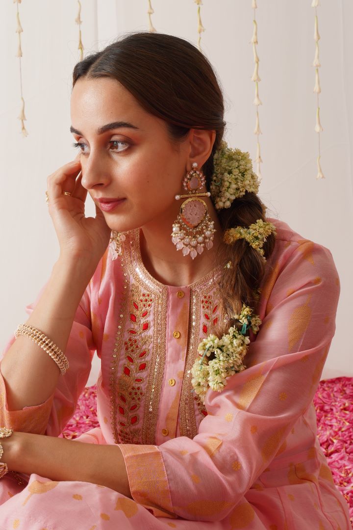 Shagun Cutwork Chandbali Earrings - Baby Pink