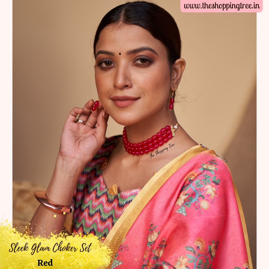 Sleek Pearl Choker Set - Red