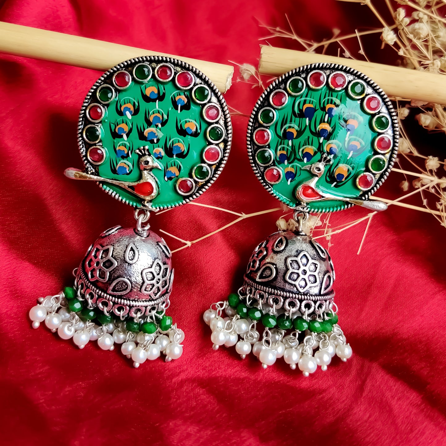 Peacock Zircon Hand-Painted SLA Jhumka Earrings - Green & White