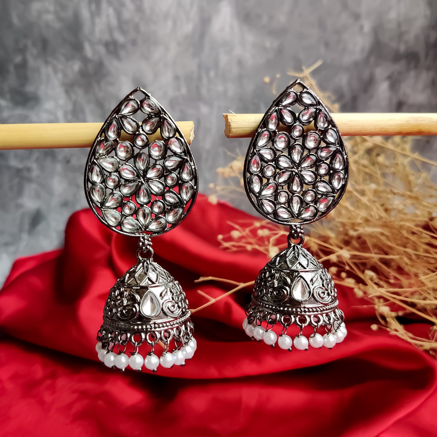LEAF KUNDAN BLACK METAL JHUMKA EARRINGS