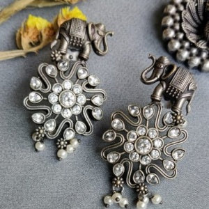 AESTHETIC BRASS ELEPHANT NECKLACE SET ZIRCON WORK AND EARRINGS