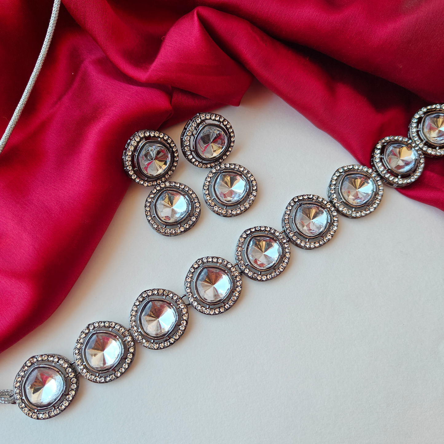 Vipasa Black Metal Polki Look Alike Necklace Set with Earrings