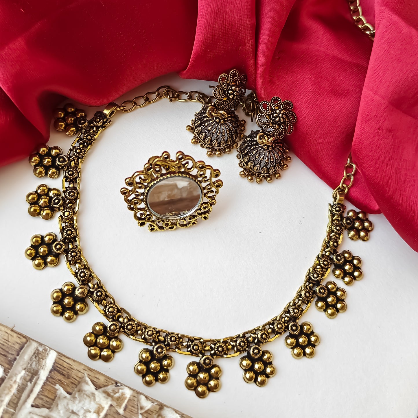 Kiana Golden Necklace Set Combo with Earrings & Adjustable Mirror Ring