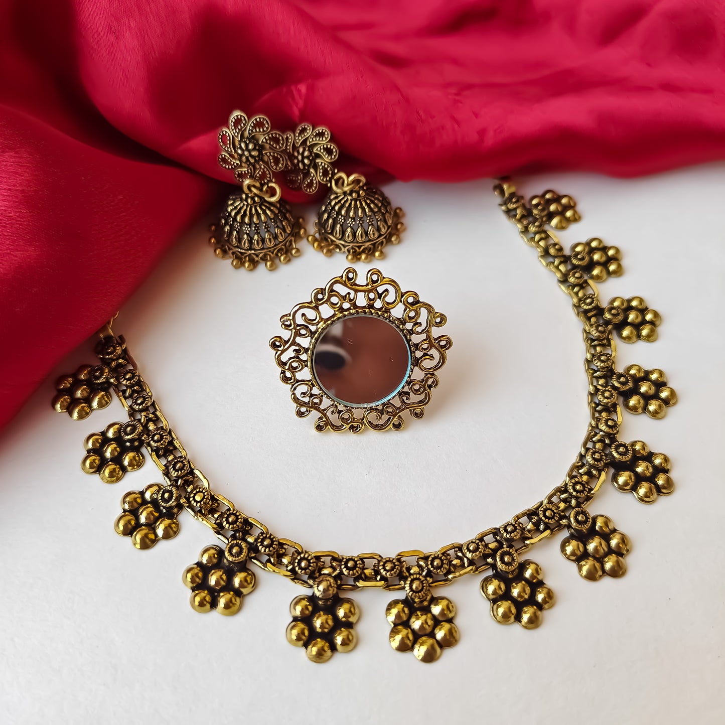 Kiana Golden Necklace Set Combo with Earrings & Adjustable Mirror Ring