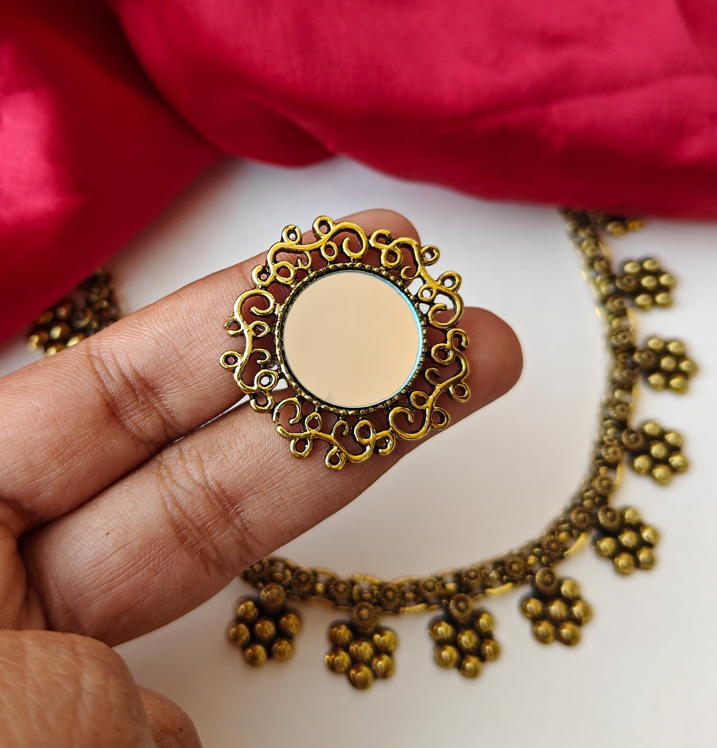Kiana Golden Necklace Set Combo with Earrings & Adjustable Mirror Ring
