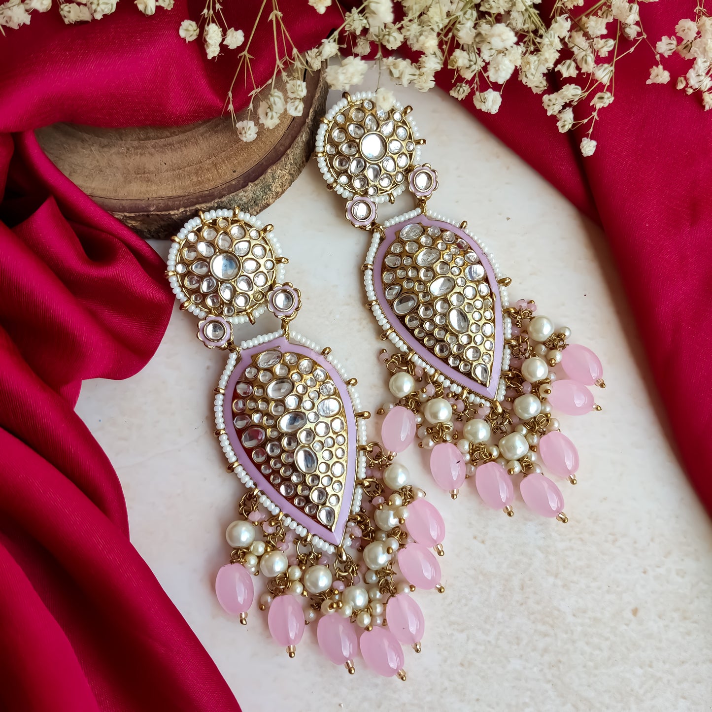 Jannat Pearl Drop Dangler Chandbali Earring - Baby Pink