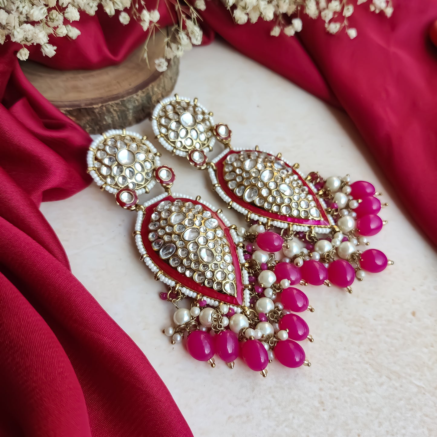 Jannat Pearl Drop Dangler Chandbali Earring - Pink