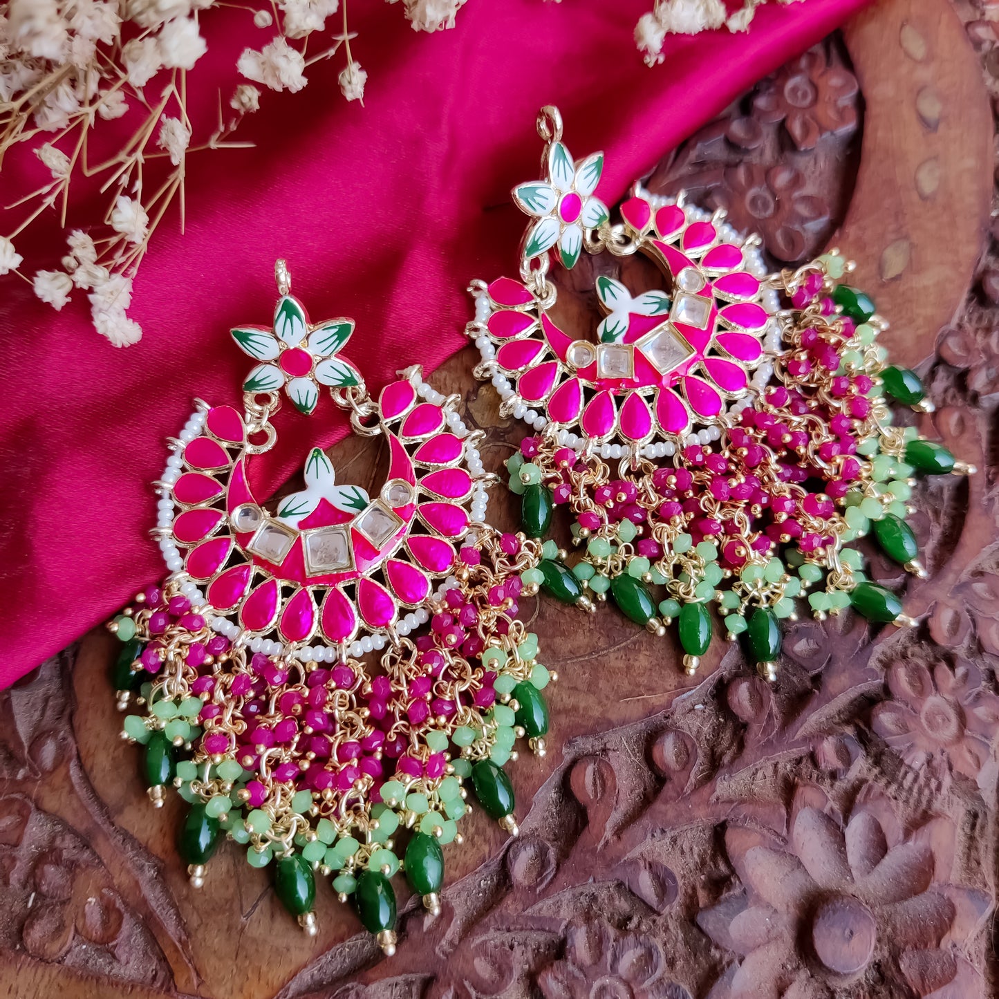Reet Meenakari Crystal Chandbali Earrings - Hot Pink