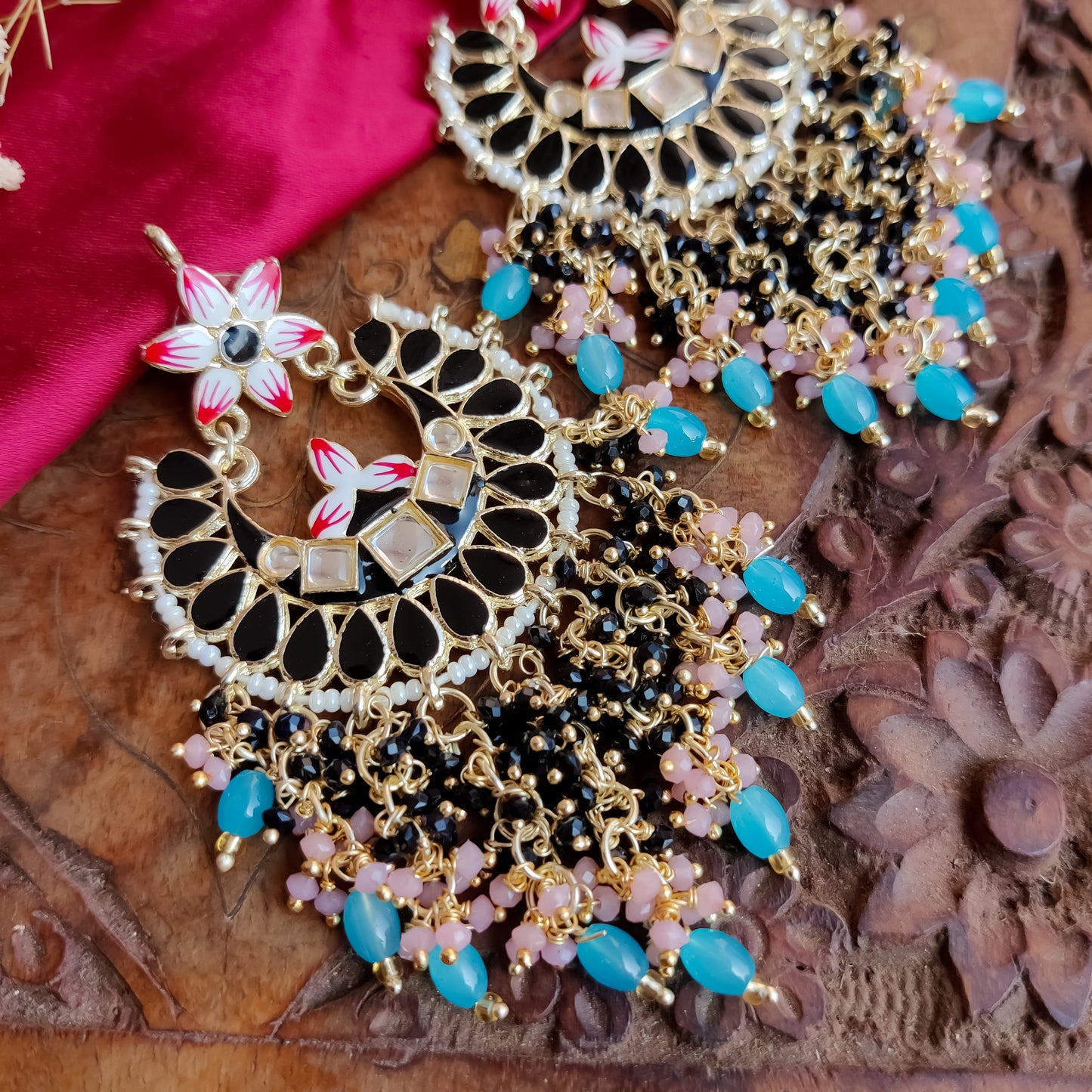 Reet Meenakari Crystal Chandbali Earrings - Black