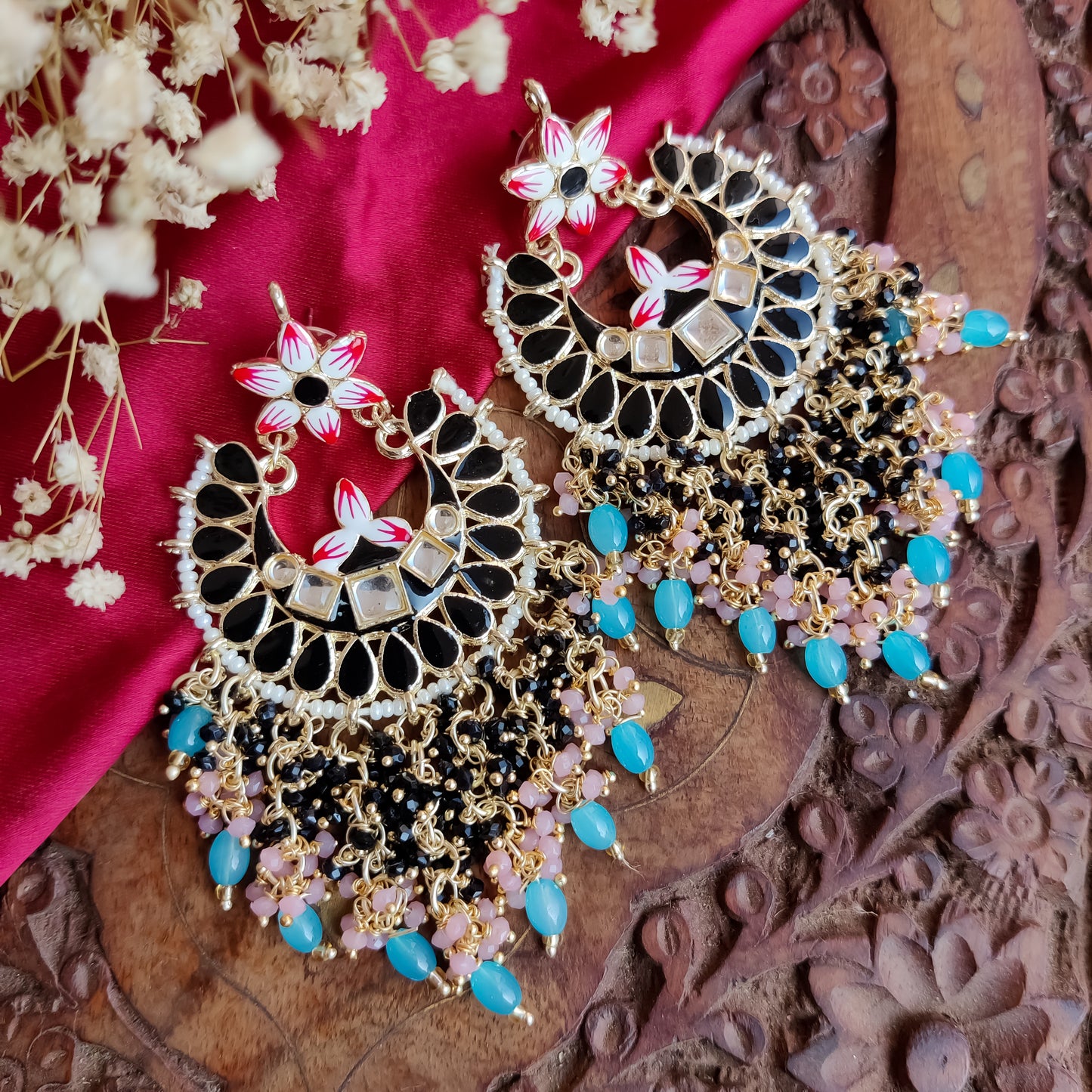 Reet Meenakari Crystal Chandbali Earrings - Black