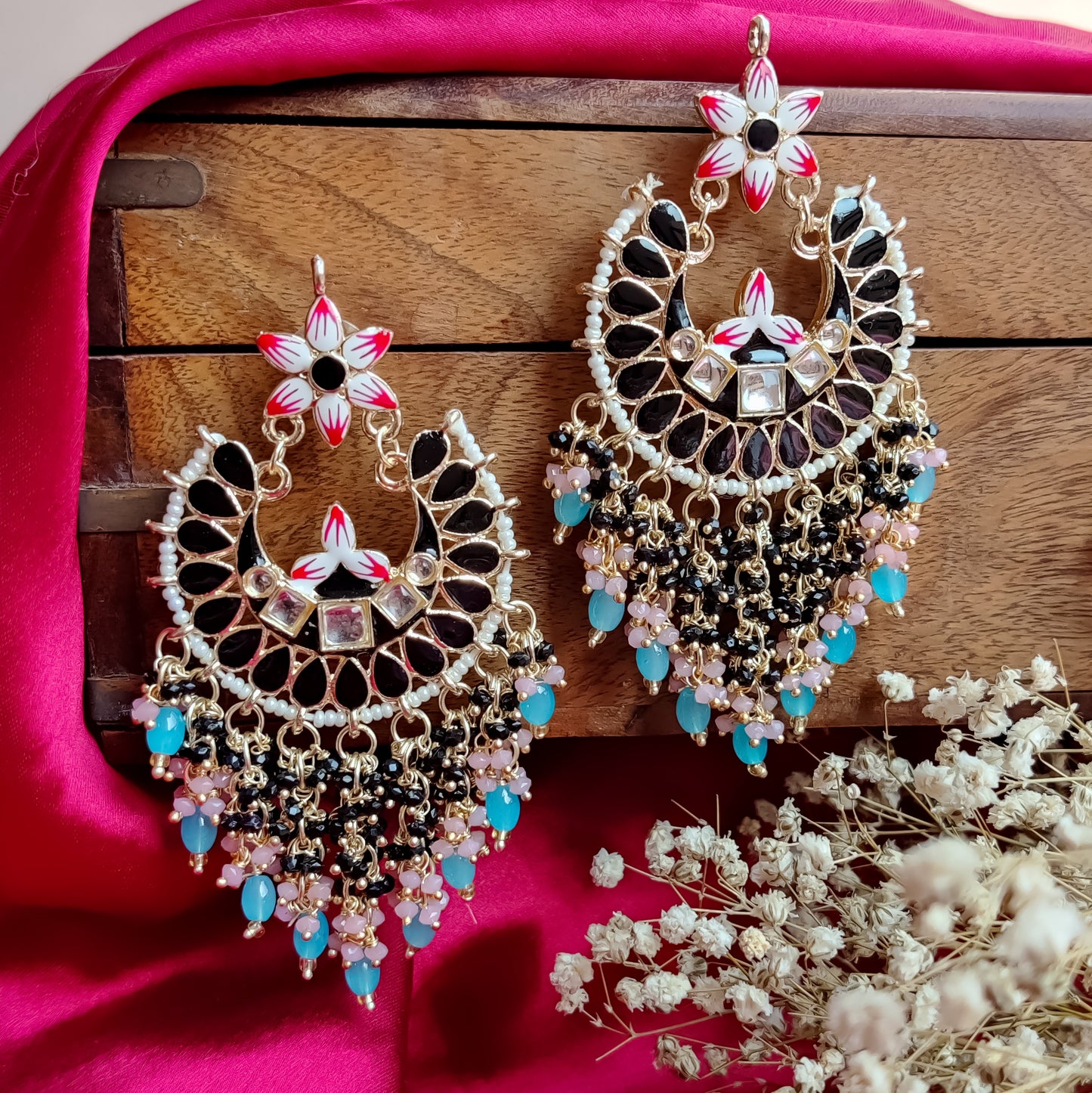 Reet Meenakari Crystal Chandbali Earrings - Black