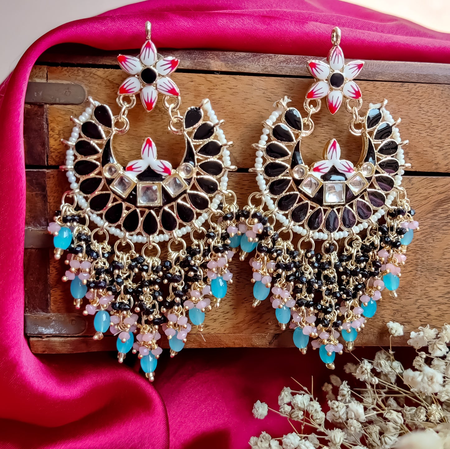 Reet Meenakari Crystal Chandbali Earrings - Black