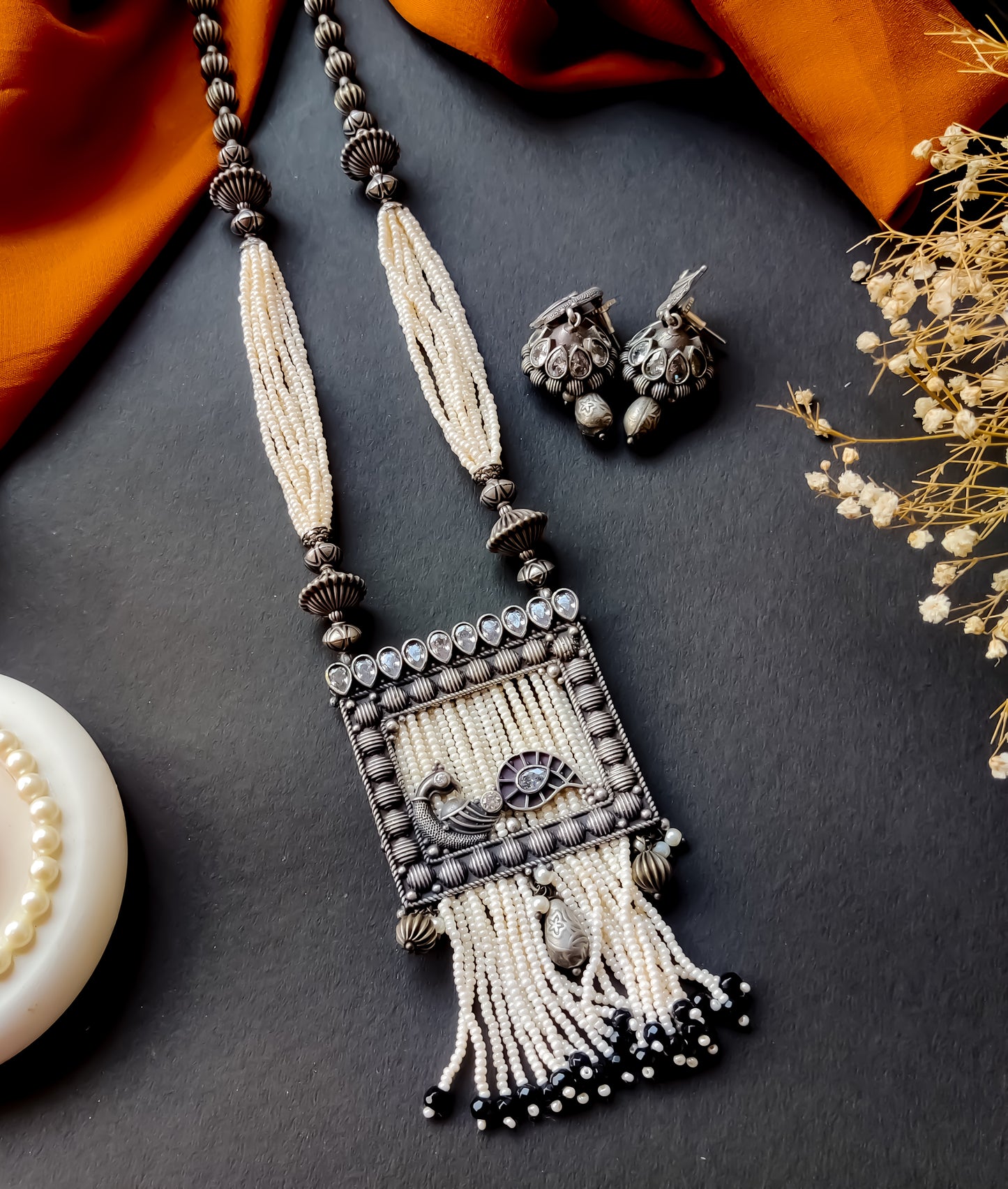 Zircon Peacock Engraved Long Necklace Set