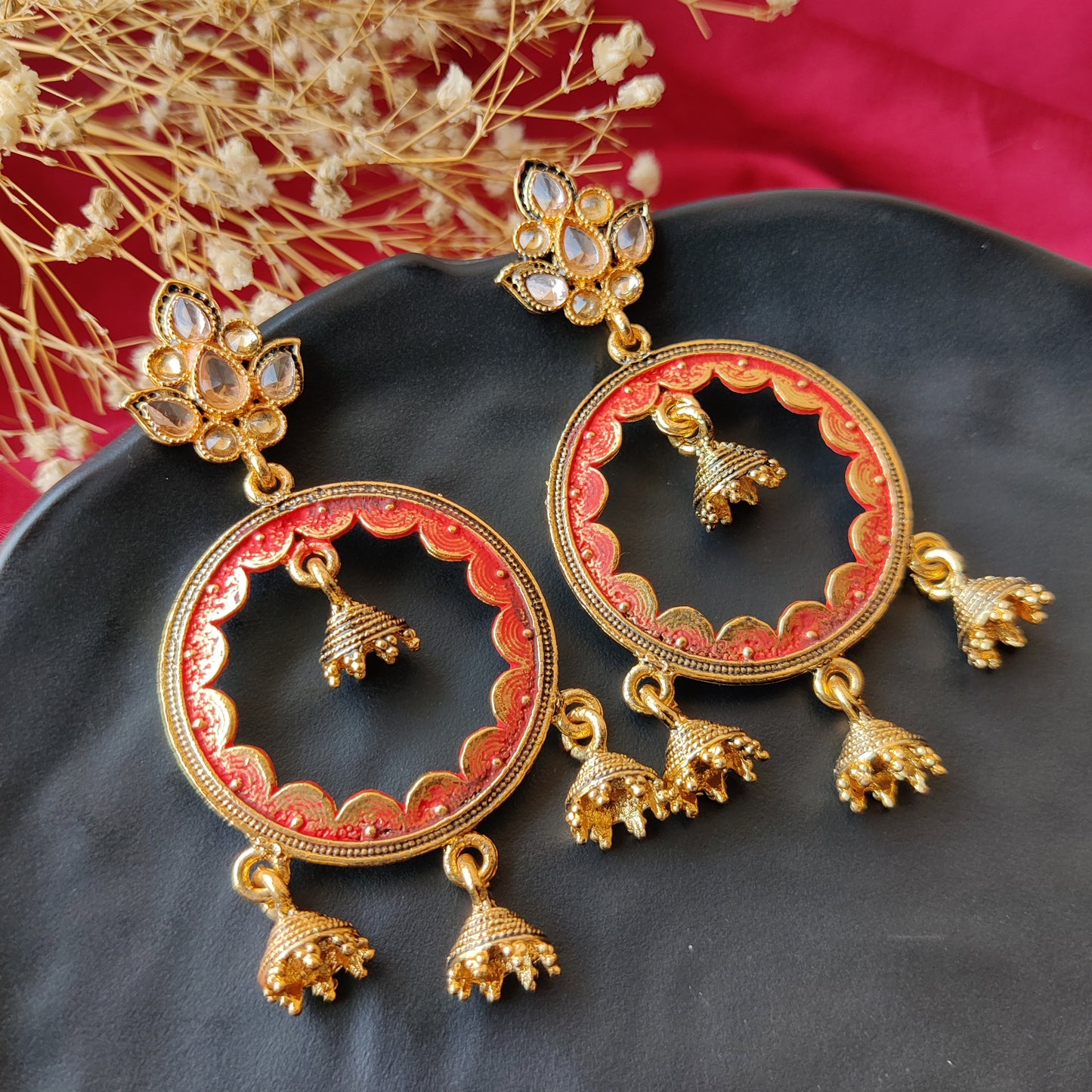 Enamel Round Jhumki Earrings - Red