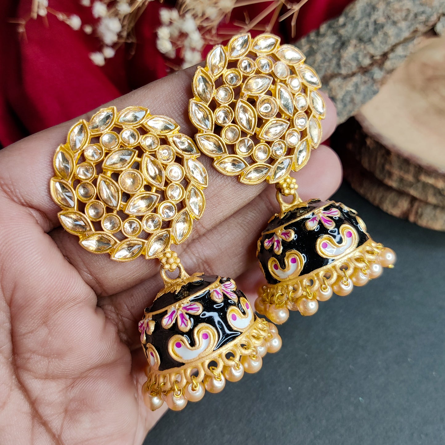 Reverse AD Meenakari Jhumka Earring - Black